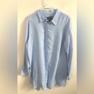 Tahari 100% Linen Blue Tunic XL  Coastal Button Up Shirt Roll Tab sleeve Beach